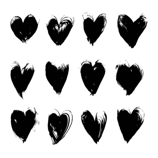 Frotis texturizados negros formas de corazón grandes objetos vectoriales aislados en un fondo blanco