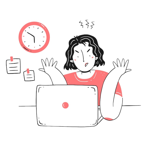 Frustración en el trabajo Síndrome de agotamiento profesional niña irritada no tiene tiempo para la fecha límite