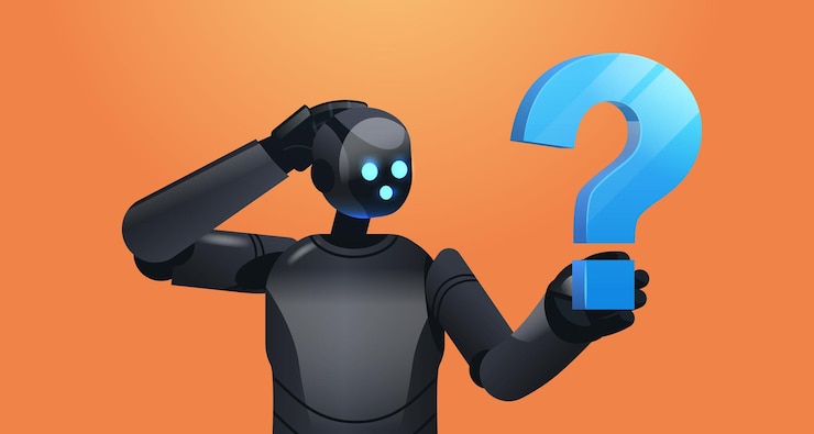Vector frustrado robot negro cyborg sosteniendo un signo de interrogación ayuda servicio de soporte preguntas frecuentes problema tecnología de inteligencia artificial