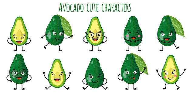 Fruta de aguacate lindos personajes alegres divertidos con diferentes poses y emociones. colección de alimentos detox de vitamina antioxidante natural. ilustración aislada de dibujos animados.