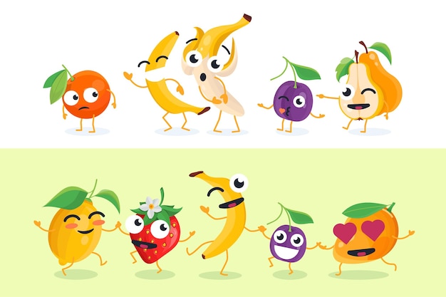 Vector fruta divertida - conjunto de ilustraciones de personajes aislados vectoriales sobre fondo blanco y amarillo. lindo emoji de plátano, ciruela, limón, fresa, naranja, mango. colección de emoticonos de dibujos animados de alta calidad.