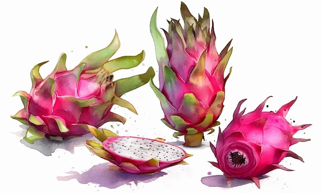 Fruta del dragón aislado vector fondo blanco Pintura acuarela de todo tipo de frutas