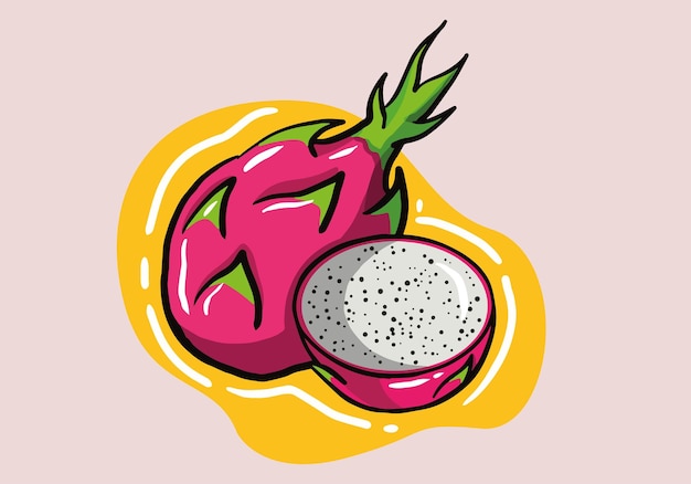 Fruta de dragón dibujada a mano, cortada a la mitad y entera, fruta tropical de verano, icono plano de dibujos animados,