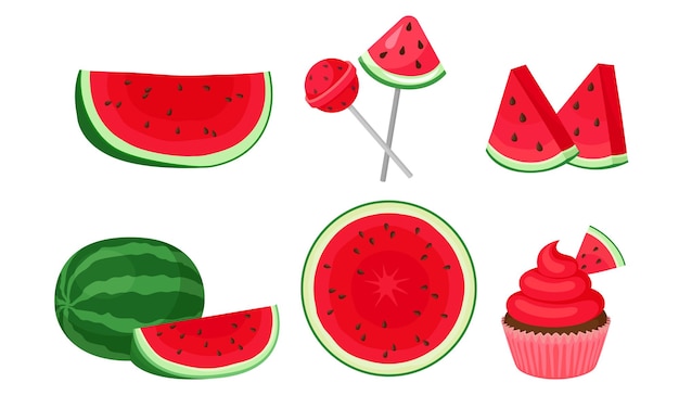 Fruta entera de sandía con refrescante bebida de verano y conjunto vectorial de hielo de frutas