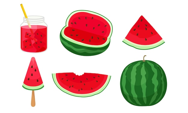 Fruta entera de sandía con refrescante bebida de verano y conjunto vectorial de hielo de frutas