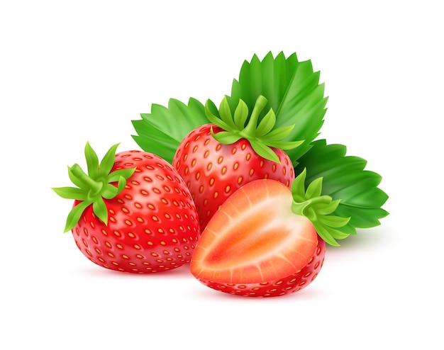 Fruta de fresa cruda y madura realista en 3D con hojas