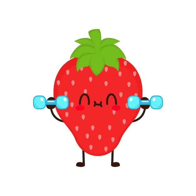 La fruta de fresa linda y divertida está haciendo gimnasia con pesas