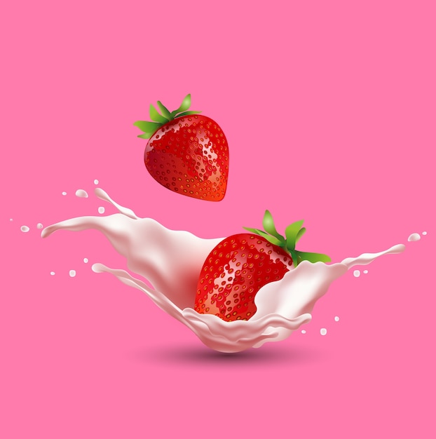 fruta de fresa y salpicaduras de leche
