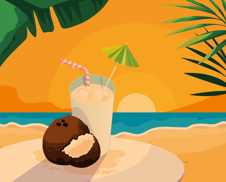 Vector fruta fresca de coco y jugo