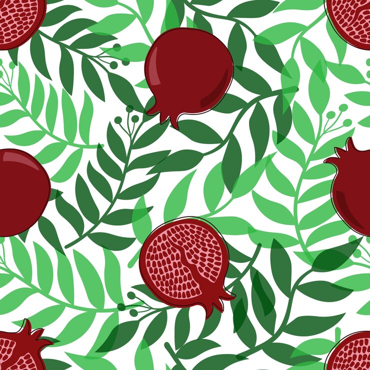 Fruta de granada sobre un fondo de hojas Patrón sin fisuras con granada y hojas