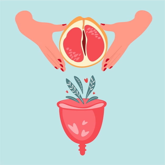 Fruta Grejpfrut en la mano de una mujer Ilustración vectorial con copa menstrual flores y hojas