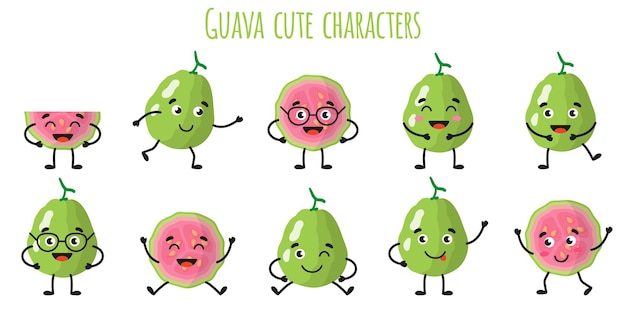 Fruta de guayaba lindos personajes alegres divertidos con diferentes poses y emociones