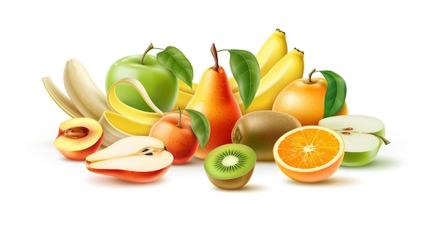 Fruta jugosa 3D apetitosa pera fresca plátanos y manzanas Melocotón entero y medio Vitamina kiwi y naranja Comida vegetariana natural realista Composición de productos vegetales Concepto vectorial