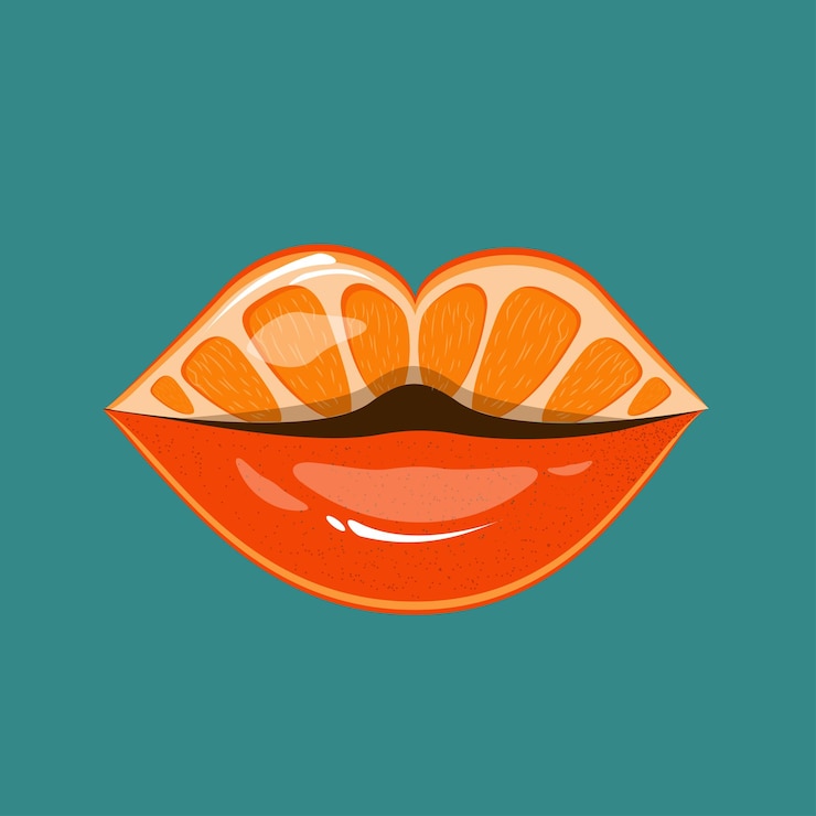 Vector fruta jugosa maquillaje de labios lápiz labial naranja verano beso jugoso