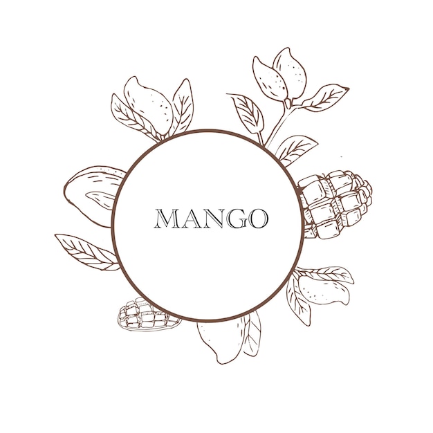 Fruta de mango dibujada a mano con un estandarte de contorno redondo