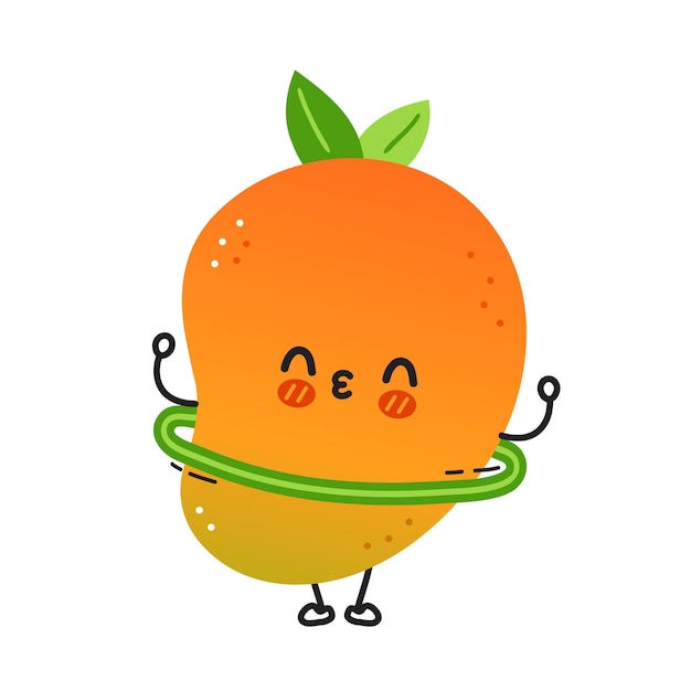 Fruta de mango divertido lindo hacer ejercicio con hula hoop. vector icono de ilustración de personaje de kawaii de dibujos animados dibujados a mano. aislado sobre fondo blanco. concepto de carácter de fruta exótica de mango