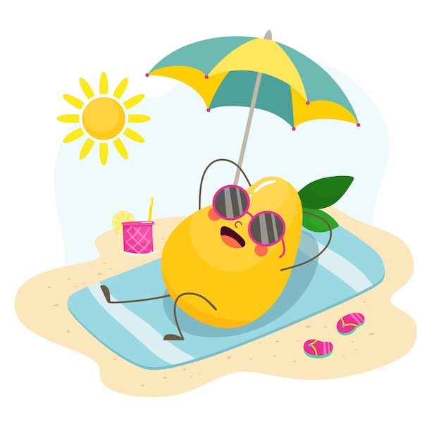 La fruta del mango está descansando en la playa. ilustración en estilo plano de dibujos animados.