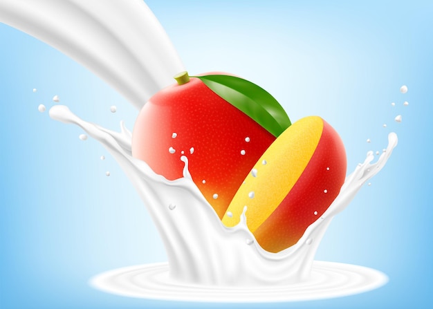Fruta de mango tropical exótico en salpicaduras de yogur o cóctel de leche con gotas de batido