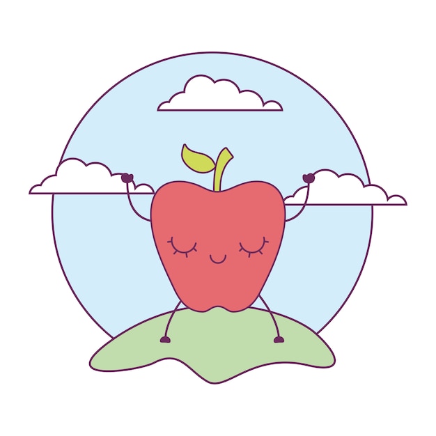 Vector fruta de manzana kawaii personaje en paisaje