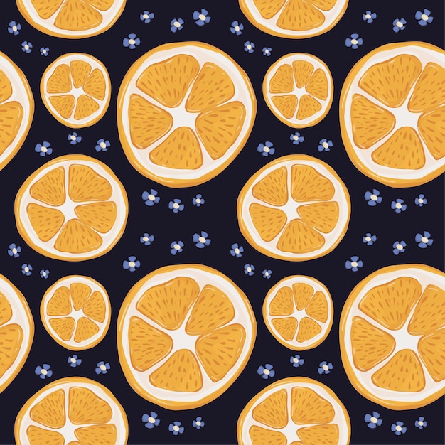 Fruta naranja dibujada a mano y patrones sin fisuras de flores
