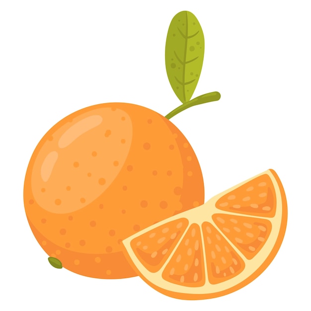 Fruta naranja de dibujos animados Fruta cítrica entera y rebanada jugosa mandarina fresca o naranja ilustración vectorial plana sobre fondo blanco
