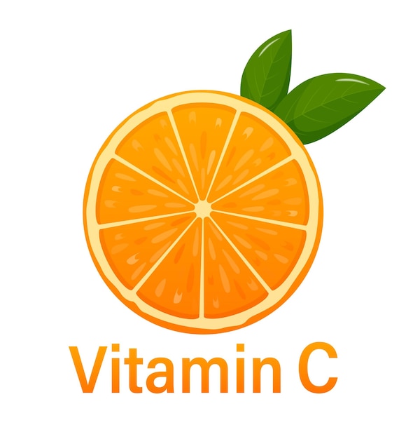 Fruta de naranja de vitamina C y letra C con dos hojas verdes Concepto de vitamina con rodaja de narenja jugosa