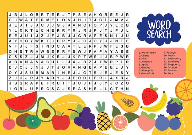 FRUTA palabra búsqueda lindo diseño plano vector imprimible para niños