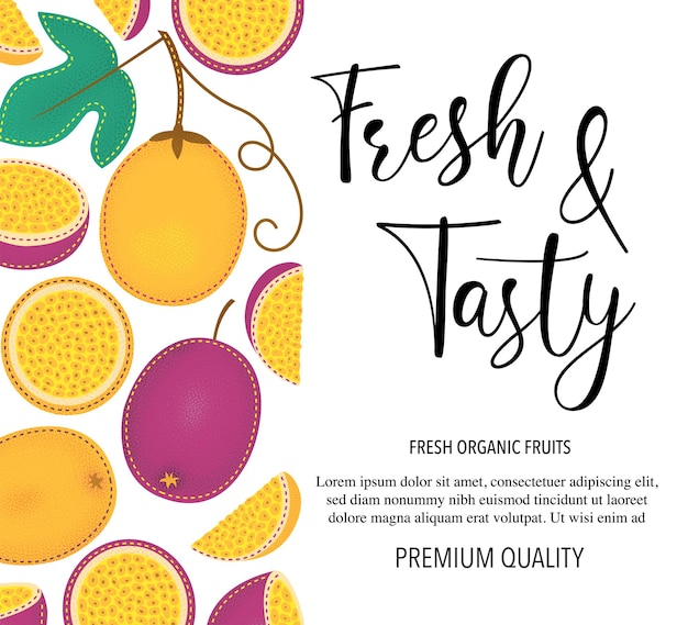 Fruta de la pasión entera y en piezas Ilustración de stock vectorial aislada sobre fondo blanco Diseño de tarjeta con frutas Información y letras del producto