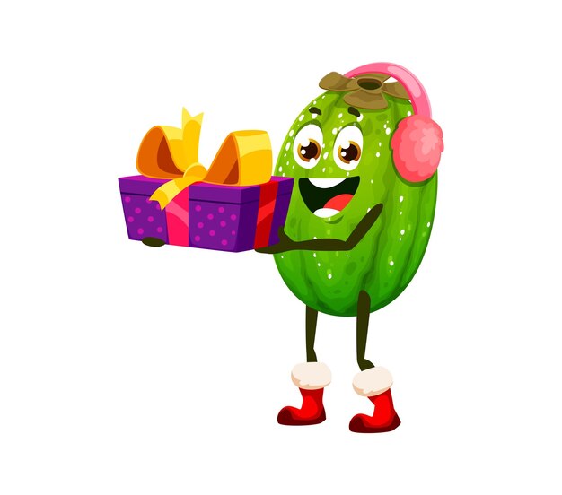 Fruta de la pasión tropical de dibujos animados de invierno con un regalo
