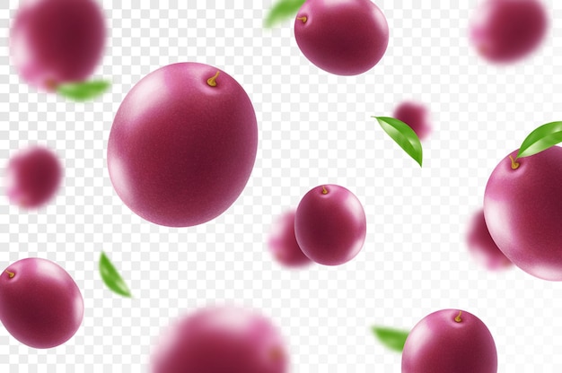 Fruta de la pasión voladora madura telón de fondo publicitario brillante cayendo fruta de la paixón jugosa realista