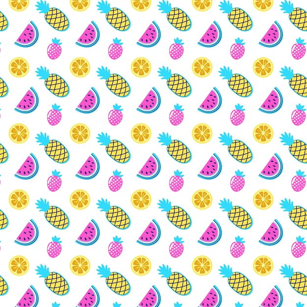 Fruta patrón sin costuras brillante Frutas tropicales coloridas en fondo blanco Vector de moda