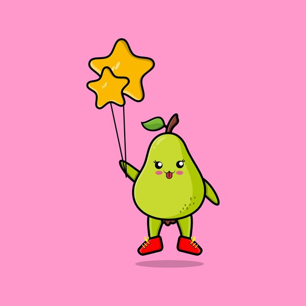 Vector fruta de pera de dibujos animados lindo flotando con ilustración de vector de dibujos animados de globo de estrella en concepto de dibujos animados 3d