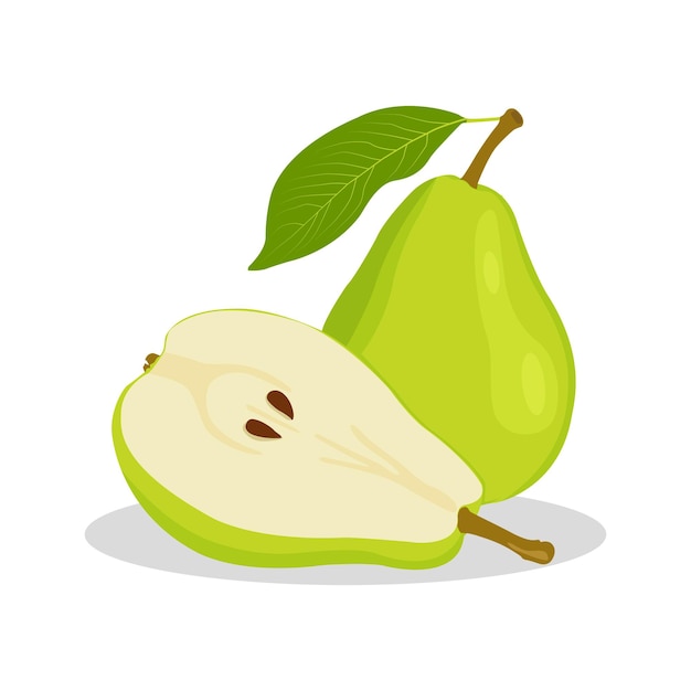Fruta de pera verde con ilustración de vector de hoja sobre fondo blanco