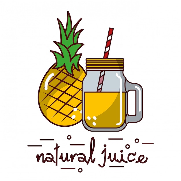 Fruta de piña y jugo natural de vidrio y paja.