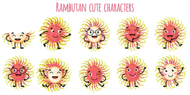 Fruta de rambután lindos personajes alegres divertidos con diferentes poses y emociones