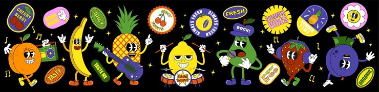 Fruta retro funky Una mascota de fruta cómica con una sonrisa feliz en su cara brazos y piernas Ilustración