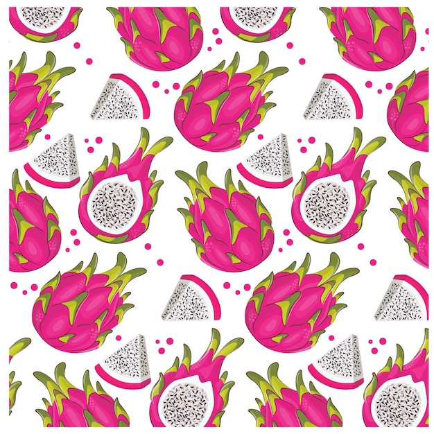 Fruta tropical. Cocina vegana con fruta de dragón vectorial dibujada a mano, fruta orgánica o comida vegetariana. Fondo de vector de patrones sin fisuras para menús de cafetería y restaurante. para uso en volantes y carteles