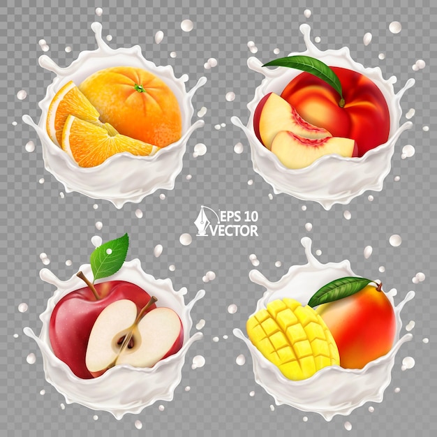 Fruta tropical madura en leche fresca o salpicadura de yogur vector conjunto realista melocotón mango naranja batido