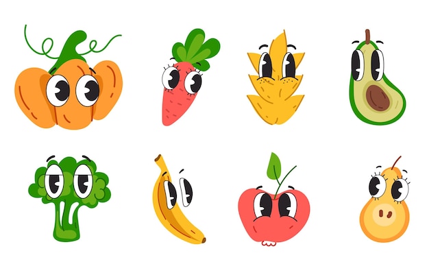 Vector fruta vegetal carácter dibujos animados cara expresión estilo cómico emoción aislado conjunto