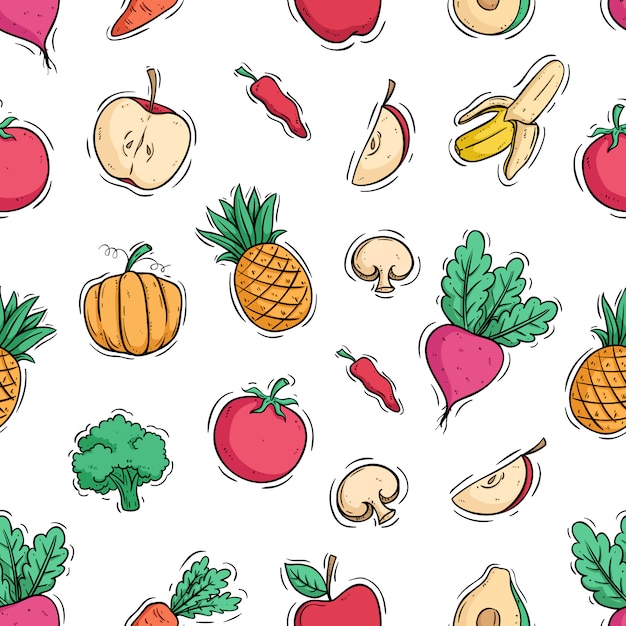 Fruta y verdura saludable en patrones sin fisuras con estilo doodle color