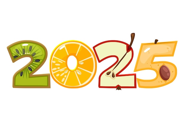 Frutas 2025 para el diseño del calendario Caricatura 2025 a partir de números de frutas Temporada de verano