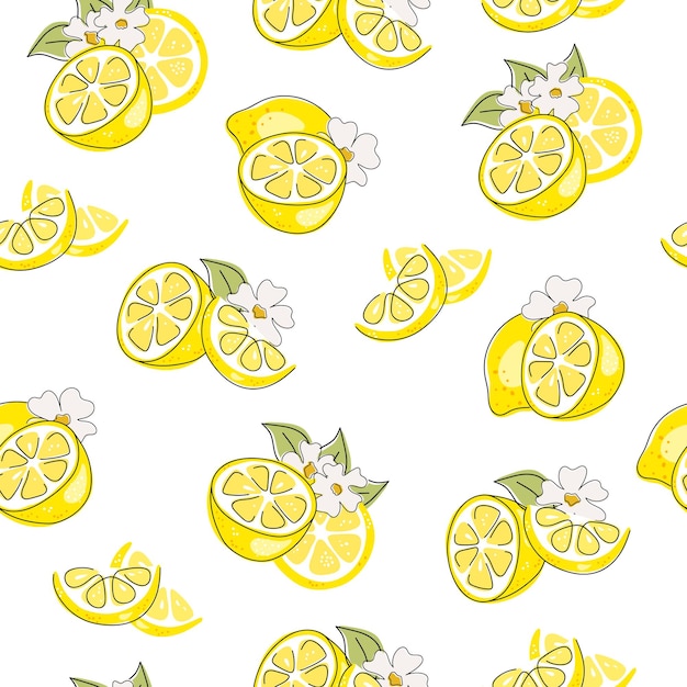 Frutas amarillas frescas de lima limón con hojas verdes y flores Textura cítrica sin costuras en un blanco
