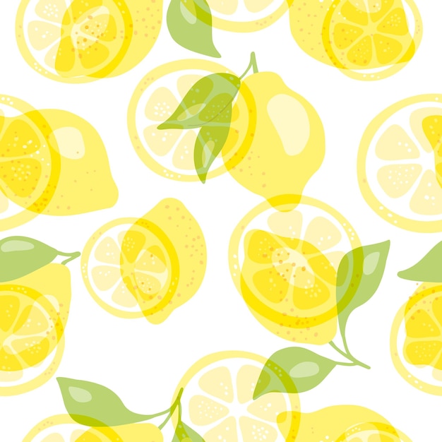 Frutas amarillas frescas de lima limón con hojas verdes y flores Textura cítrica sin costuras en un blanco