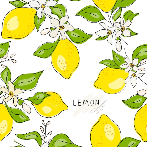 Frutas amarillas frescas de lima limón con hojas verdes y flores Textura cítrica sin costuras