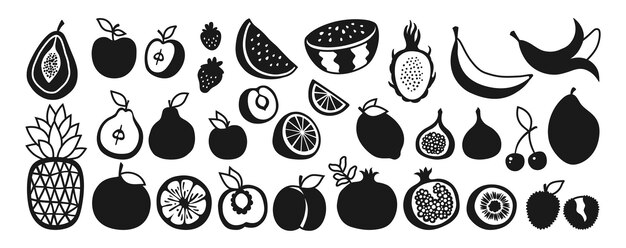 Frutas de bayas conjunto de símbolos cortado limón naranja manzana pera papaya piña dragón frutas kiwi plátano