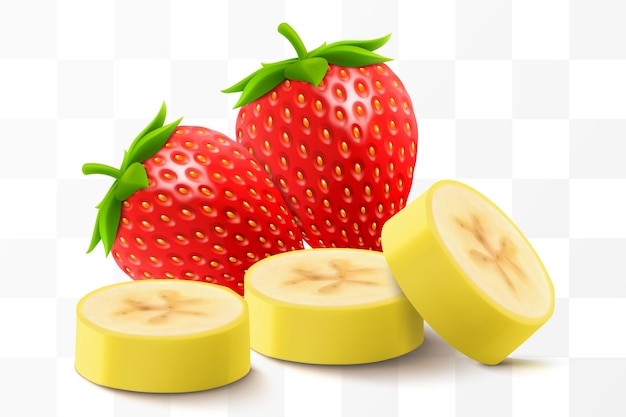 Frutas y bayas frescas aisladas sobre un fondo transparente Plátano de fresa