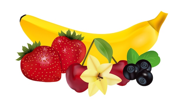 Frutas y bayas maduras con flor de vainilla. Plátano, fresa, cereza y arándano. ilustración.
