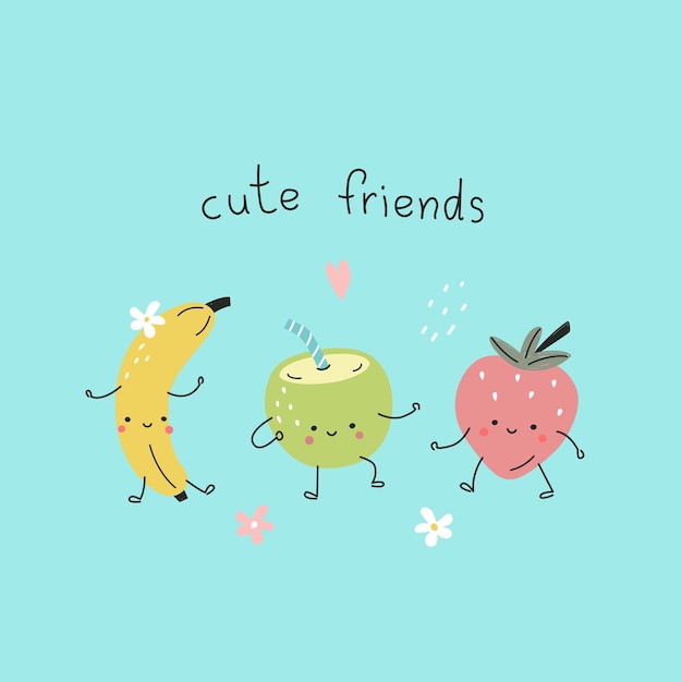Con frutas bonitas, plátano, coco y fresa, un fondo de colores, ilustración vectorial