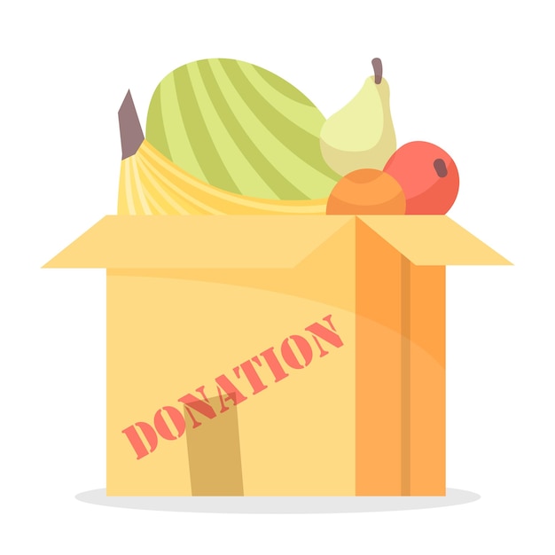 Frutas en caja de cartón con ilustración de vector de donación de palabra