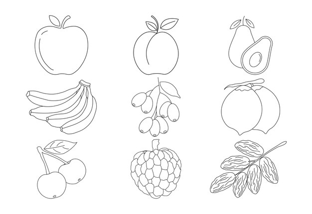 Frutas para colorear páginas vector ilustración sobre fondo blanco Libro para colorear para niños